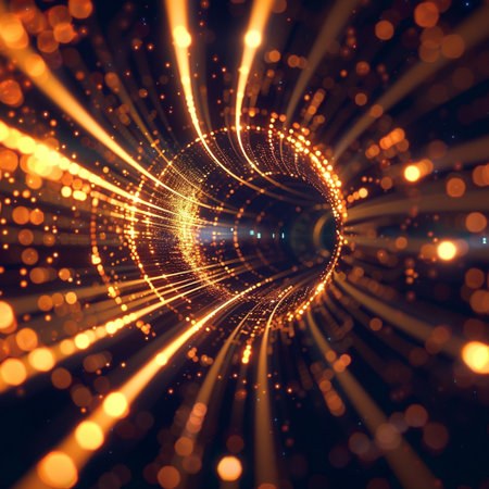 3d rendering of abstract technology concept with glowing particles in space.の素材