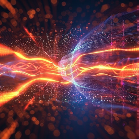 Abstract technology background with flowing particles. 3d rendering, 3d illustration.の素材