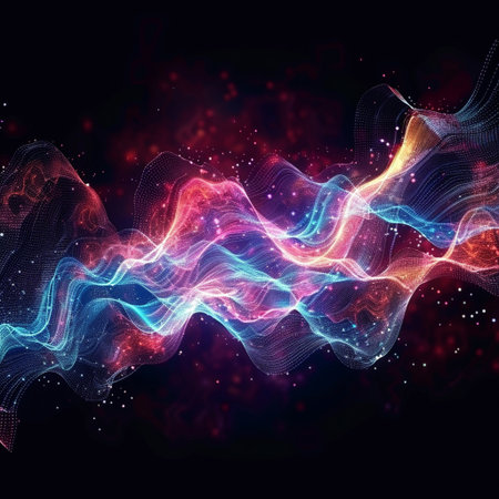 abstract background with glowing particles, wave lines and bokeh effectの素材