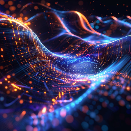 3D rendering of abstract technology digital background with glowing particles. Futuristic shape with depth of field and bokeh.の素材