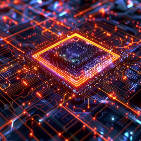 Circuit board. Electronic computer hardware technology. Motherboard digital chip. 3D renderingの素材