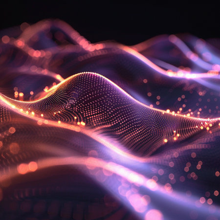 3d rendering of abstract particles wave with depth of field and bokeh lightsの素材