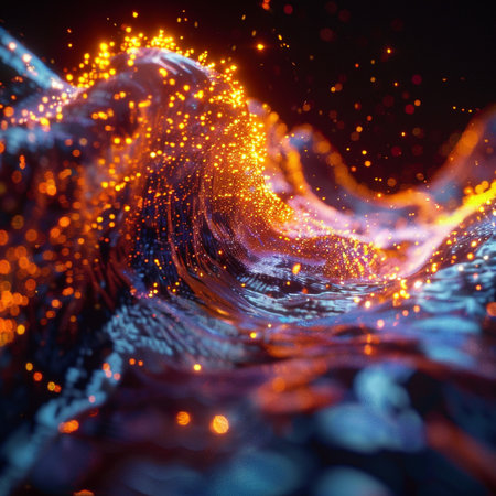 3D rendering of abstract digital particles. Futuristic wave with glowing particles.の素材