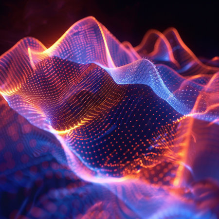 3D rendering of abstract digital particles. Futuristic wave with depth of field and bokeh.の素材