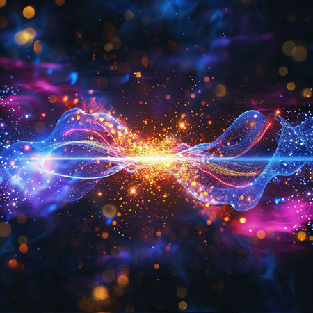 Futuristic abstract background with glowing lines and particles. Vector illustration.の素材