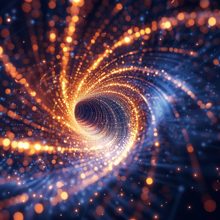 3D rendering of abstract fractal background with luminous swirling. Elegant glowing spiral. Sparking particle. Space tunnelの素材