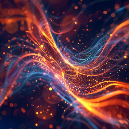 3d rendering of abstract particles wave. Futuristic background with glowing particles.の素材