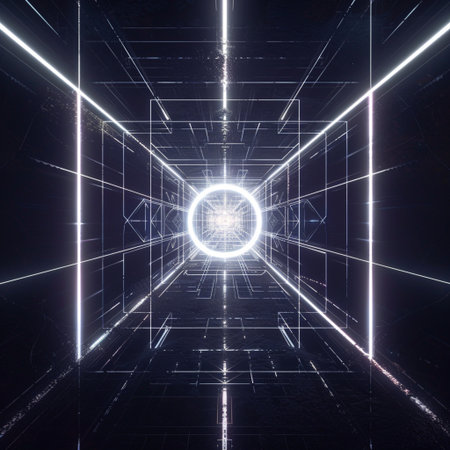 Futuristic dark tunnel with glowing neon lights. 3D Renderingの素材