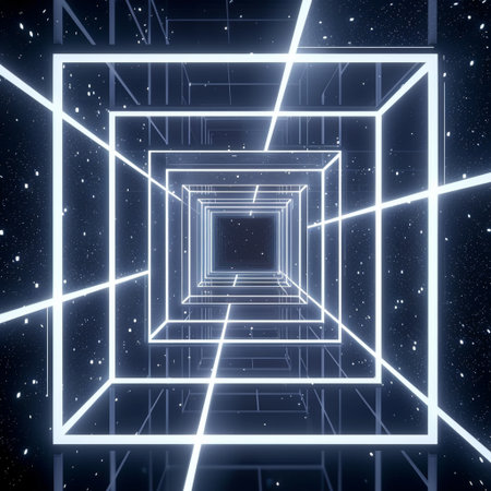 3d illustration of abstract geometric tunnel with glowing neon lines in spaceの素材