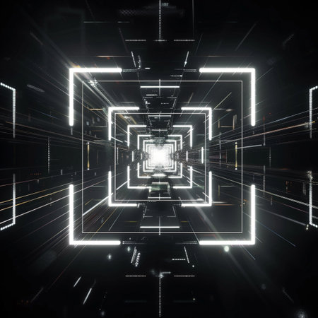 Futuristic tunnel with glowing lines and light. 3d renderingの素材