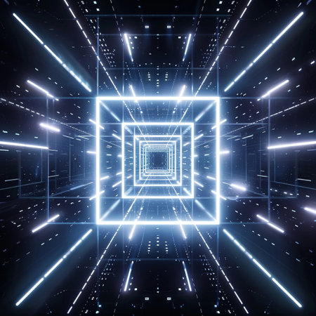 Glowing neon tunnel with glowing cubes and lines. 3d renderingの素材