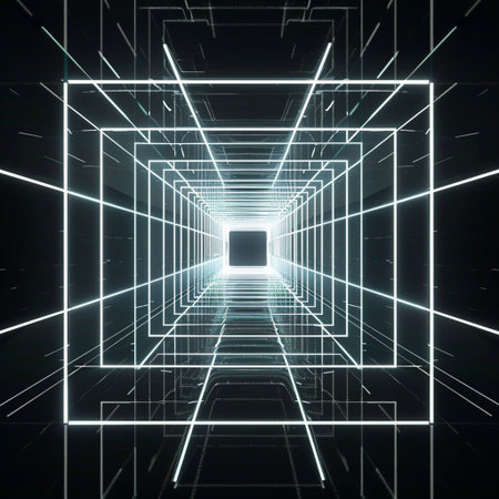 3d rendering of abstract geometric shape in dark tunnel with glowing lightsの素材