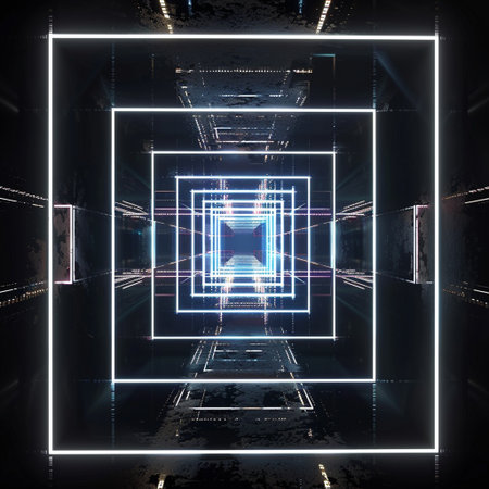 Futuristic tunnel with glowing neon lights. 3D Renderingの素材