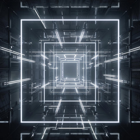 Futuristic corridor with glowing neon lights. 3D Renderingの素材