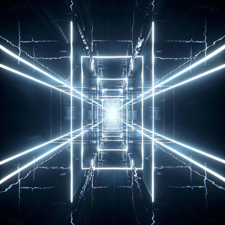 abstract 3d illustration of a futuristic tunnel with neon lights and glowing linesの素材