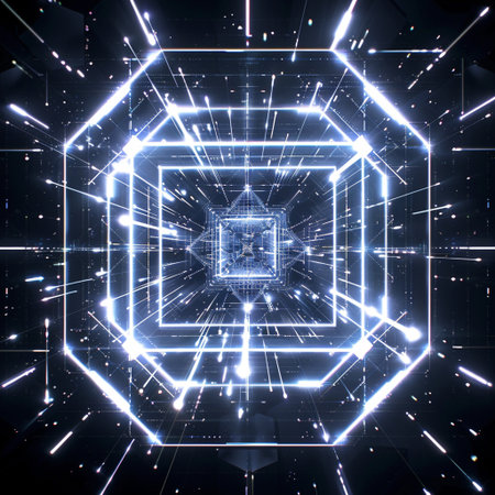 3d rendering of abstract technology concept with glowing lines on black backgroundの素材