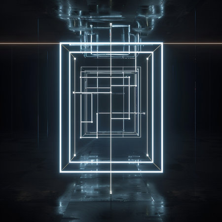 3d rendering. Futuristic black and white background with neon lights.の素材