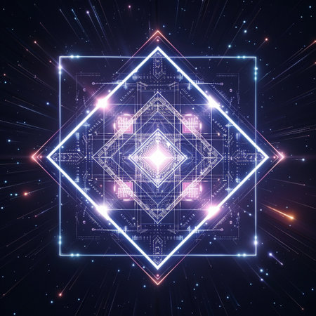 Futuristic technological background with glowing lines and geometric shapes. 3D Renderingの素材