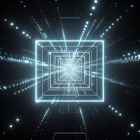 Abstract technology background, 3d render, square tunnel with glowing lightsの素材