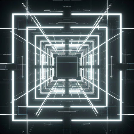 Futuristic technology tunnel with glowing neon lines. 3d renderingの素材