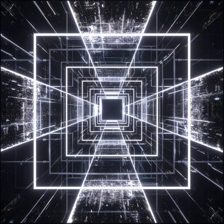 abstract 3d illustration of geometric shape with glowing lines and lightsの素材