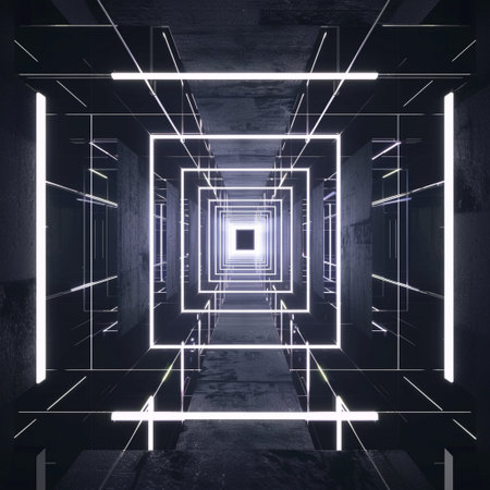 Abstract dark corridor with glowing neon lights. 3d rendering toned imageの素材