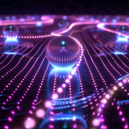 3d illustration of abstract technology background with glowing lines and spheres.の素材