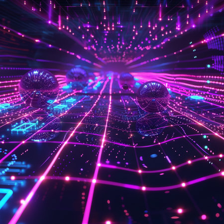 Abstract technology background with glowing particles and lines. 3D Renderingの素材