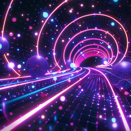 abstract futuristic tunnel with glowing lines and dots, 3d renderの素材
