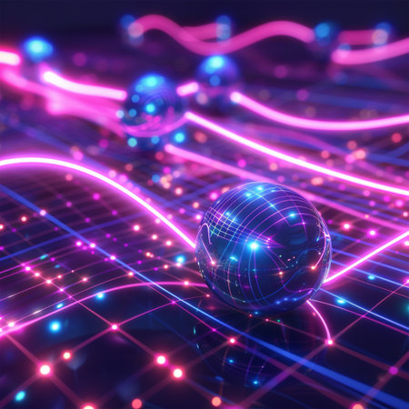 Abstract technology background. 3D illustrations. Glowing lines and spheres.の素材