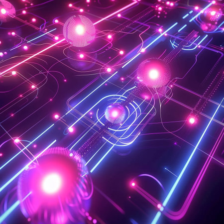 abstract technology background, 3d illustration, glowing lines and dotsの素材