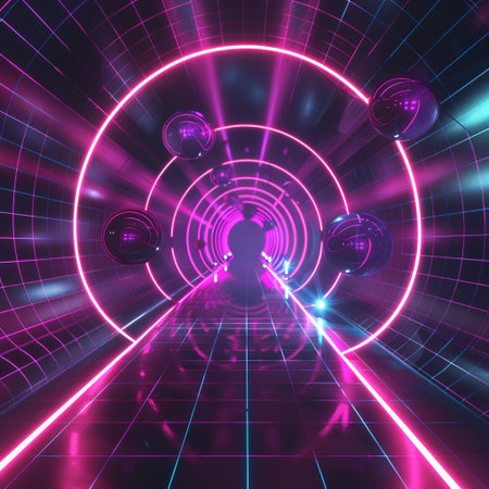 Abstract futuristic background. Futuristic tunnel with glowing neon lights. 3d renderingの素材