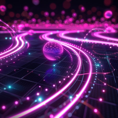 Futuristic technology background with glowing lines and spheres. 3d renderingの素材