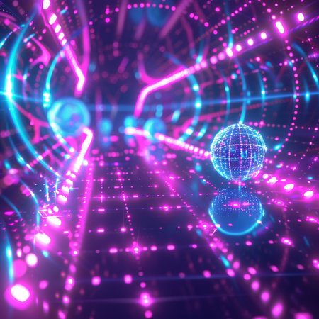 abstract 3d rendering of technology background with glowing lines and particlesの素材