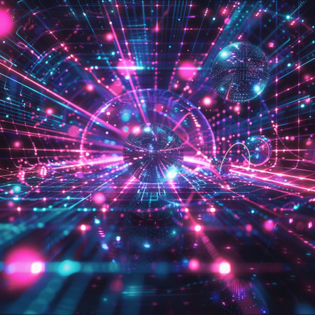 abstract technology background, 3d illustration, glowing lines and dotsの素材