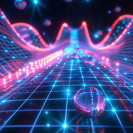 3d rendering of abstract technology background with glowing lines and dots.の素材