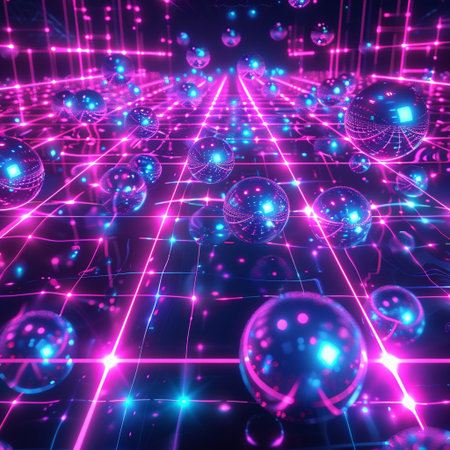 abstract 3d illustration of futuristic technology background with glowing lines and spheresの素材