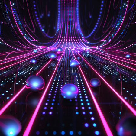 Abstract technology background with glowing lines and spheres. 3D Renderingの素材