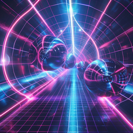 3d illustration of abstract technology background with blue and pink glowing elementsの素材