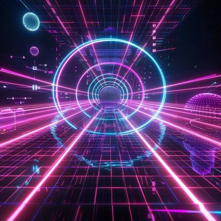 3d render, abstract technology background, neon lights, digital tunnelの素材
