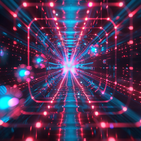 3d illustration of abstract futuristic corridor with glowing lines and lights.の素材