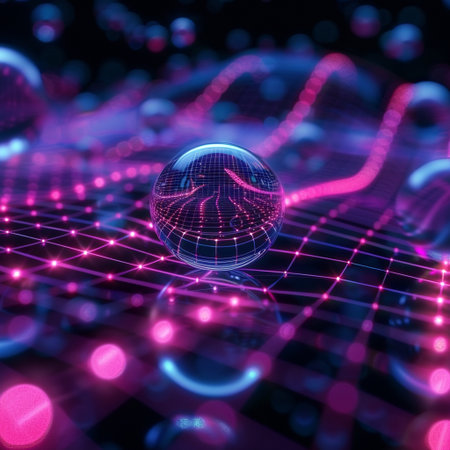 3d rendering of abstract background with wireframe sphere and neon lightsの素材