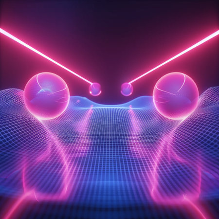 abstract 3d illustration of abstract background with neon lights and spheresの素材