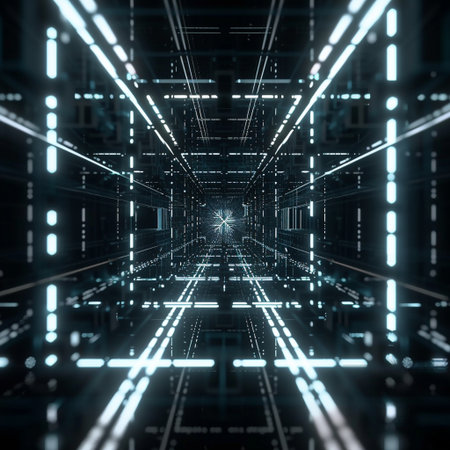 Glowing neon square and lines in space, computer generated abstract background, 3D renderingの素材