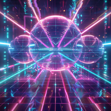 abstract technology background, 3d illustration, glowing lines and dotsの素材