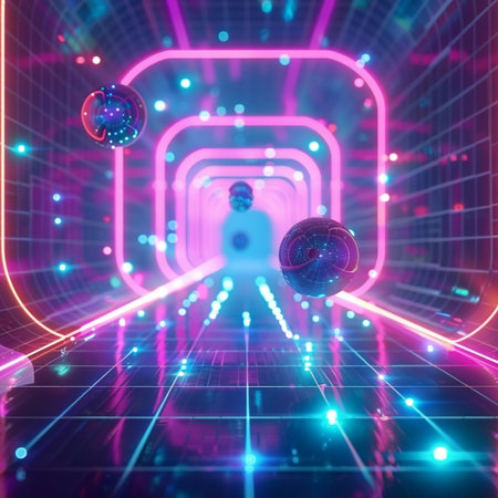 Futuristic corridor with neon lights and planets. 3d renderingの素材