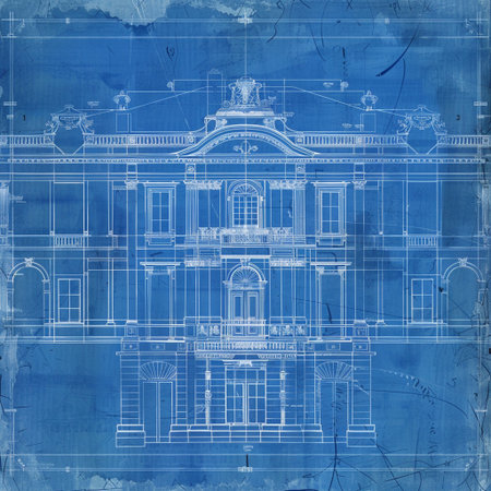 Architectural detail of the facade of an old building on a blue backgroundの素材