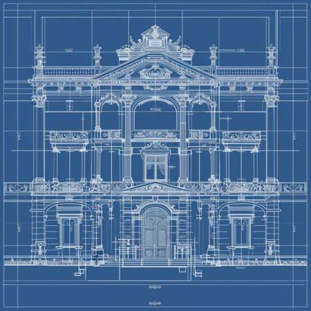 Drawing of the facade of an old building on a blue backgroundの素材