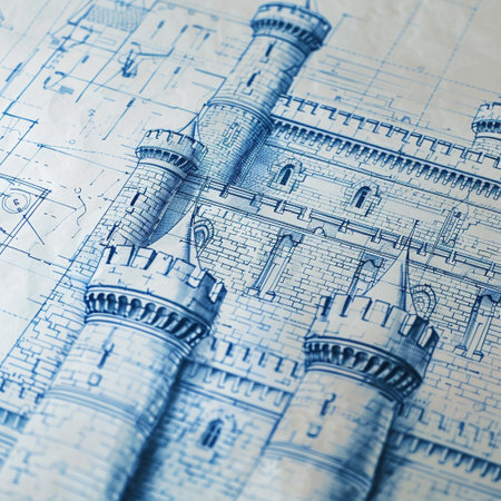 Architectural background with a fragment of the architectural project. Blue tonedの素材