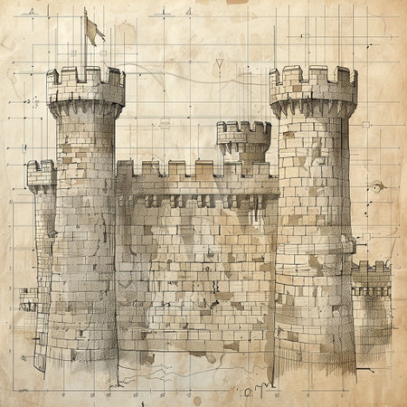 Vintage sketch of medieval castle on old paper background. Vector illustrationの素材